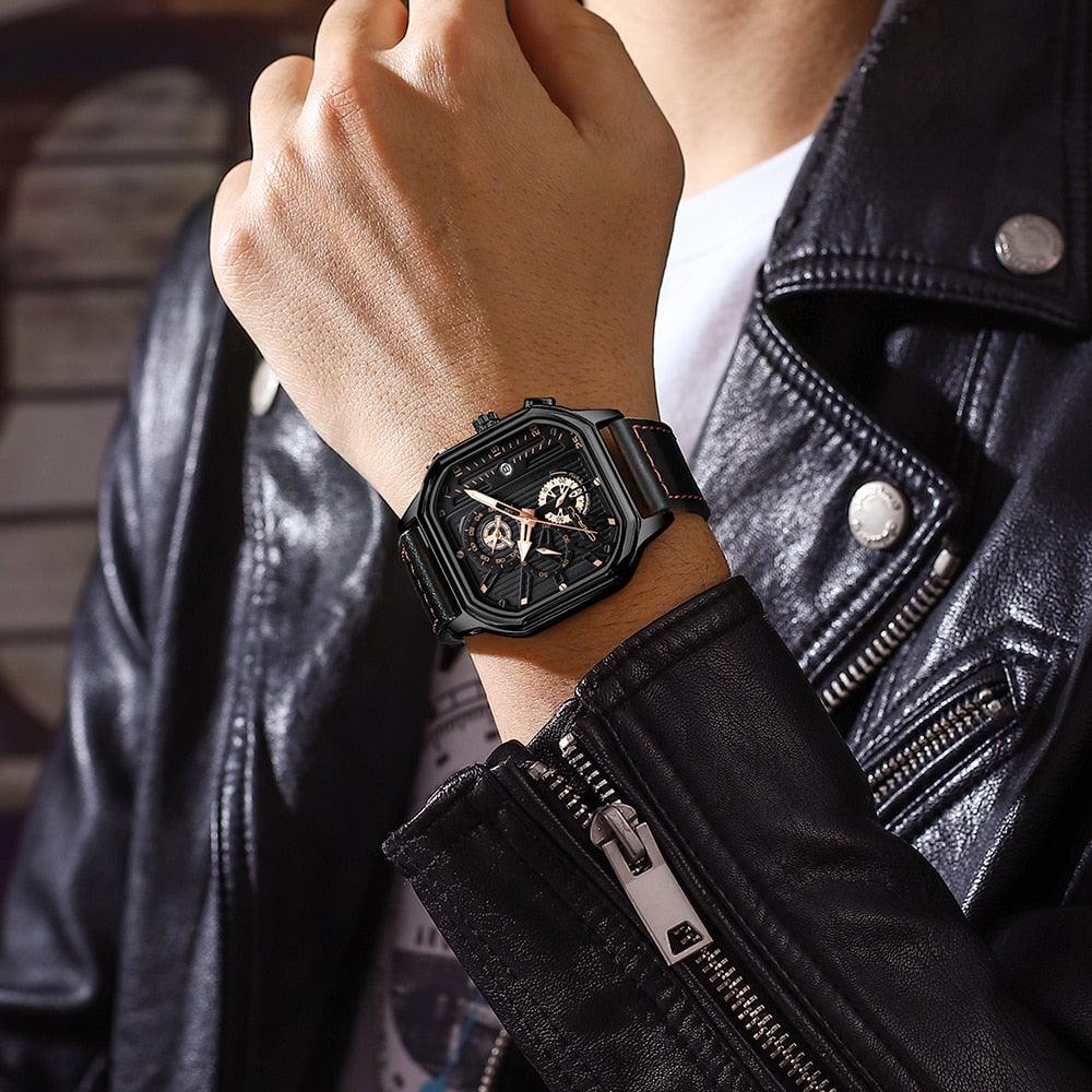 Montres pour hommes en cuir avec cadran carré