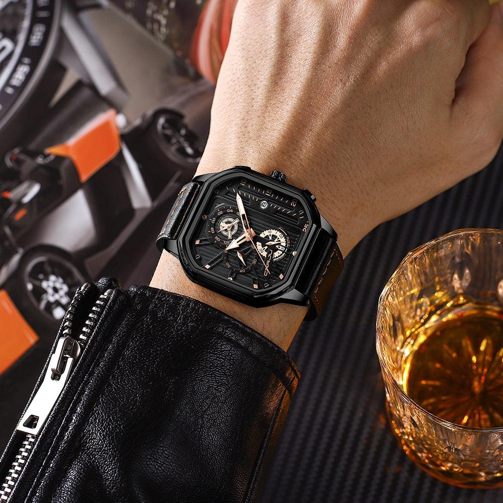 Montres pour hommes en cuir avec cadran carré