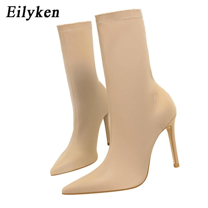 Nouvelles bottines stretch pour femmes à talons hauts et pointus Apricot