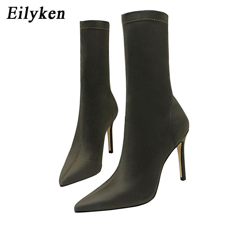 Nouvelles bottines stretch pour femmes à talons hauts et pointus Green