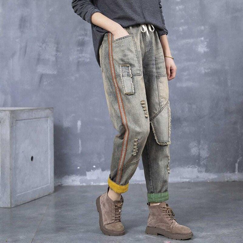 Pantalon en denim déchiré à taille élastique pour femme