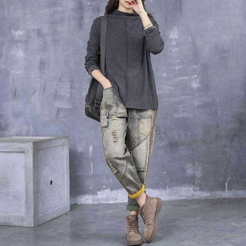 Pantalon en denim déchiré à taille élastique pour femme