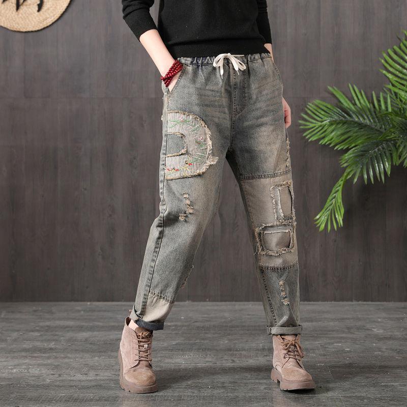 Pantalon en denim déchiré à taille élastique pour femme 3