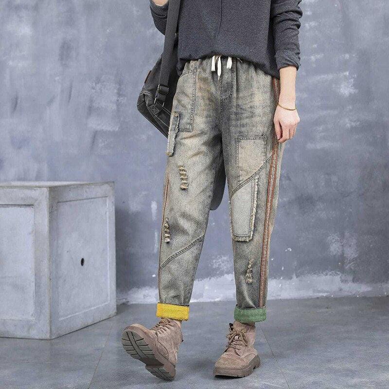 Pantalon en denim déchiré à taille élastique pour femme