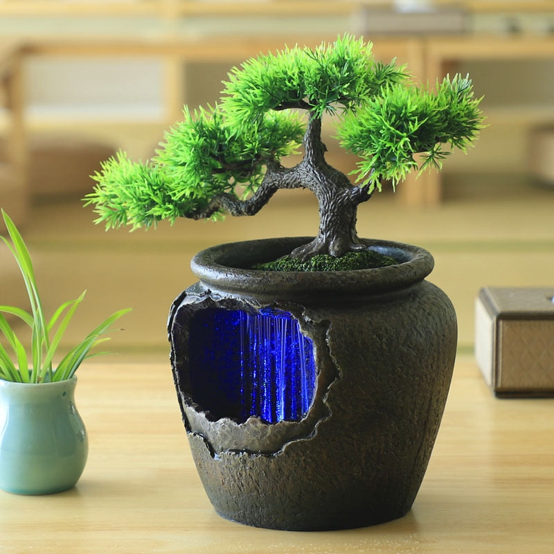 Pot de fleurs créatif avec cascade d'eau et LED