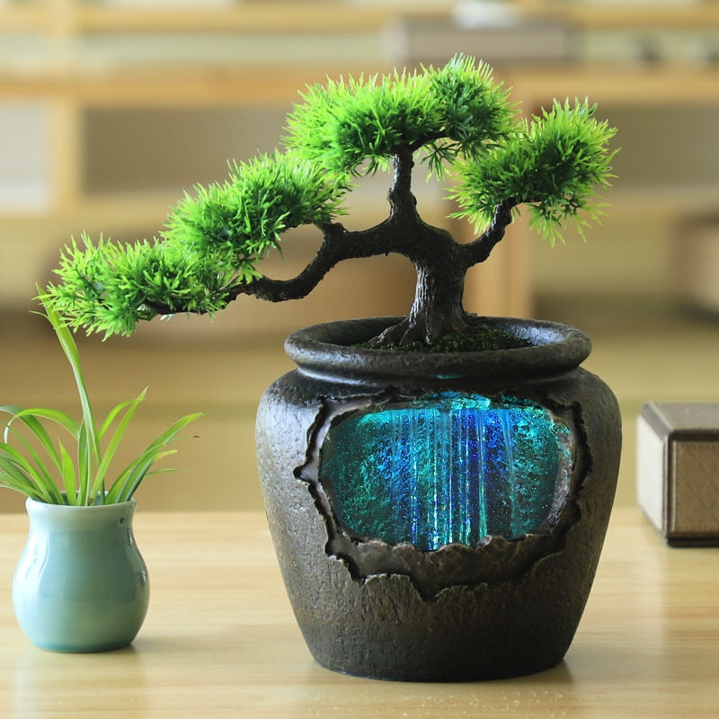 Pot de fleurs créatif avec cascade d'eau et LED