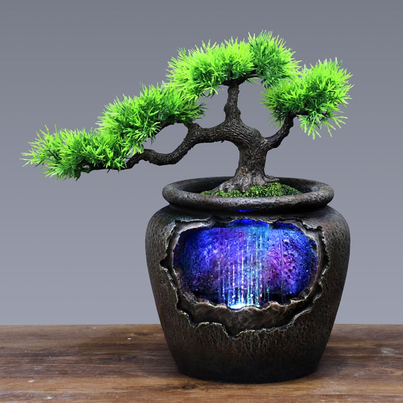 Pot de fleurs créatif avec cascade d'eau et LED