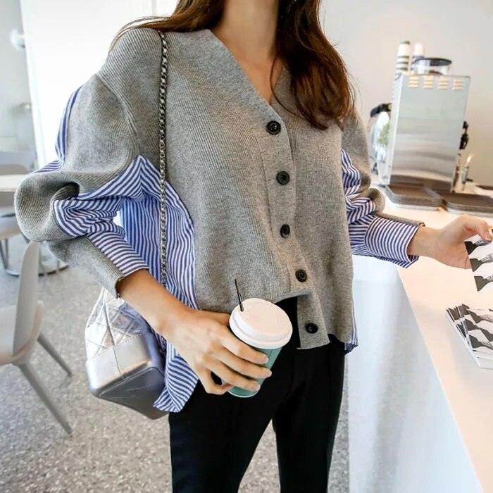 Pull boutonné à patchwork pour femmes | Cardigan en laine rayé Gray One Size