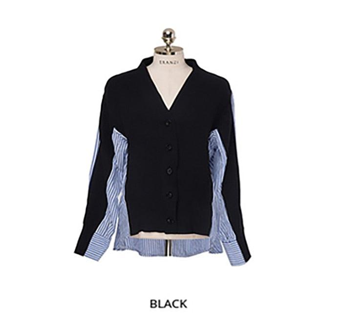 Pull boutonné à patchwork pour femmes | Cardigan en laine rayé Black One Size