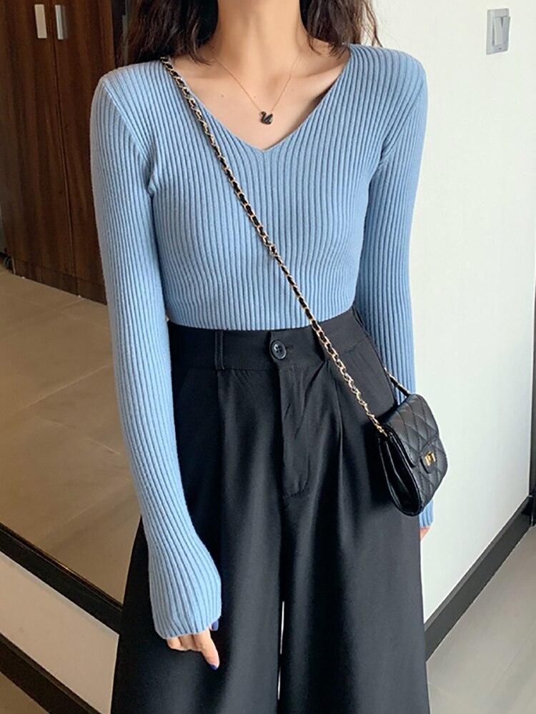 Pull-col rond-Basic B en tricot-pour femme Blue One Size