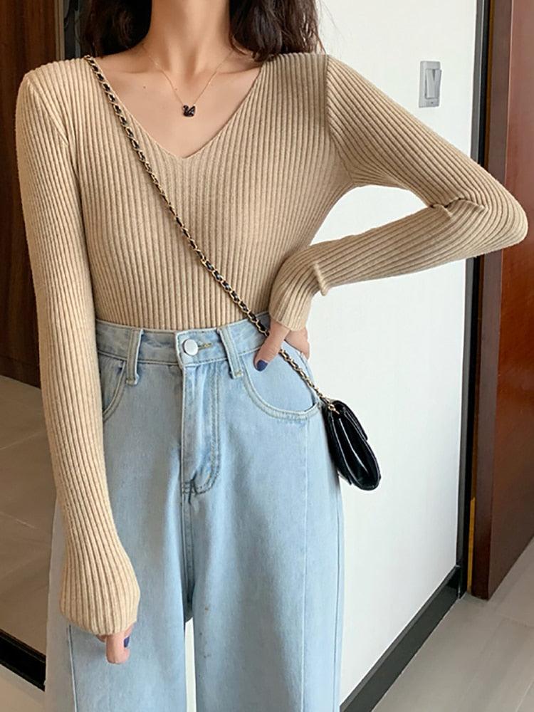 Pull-col rond-Basic B en tricot-pour femme Khaki One Size
