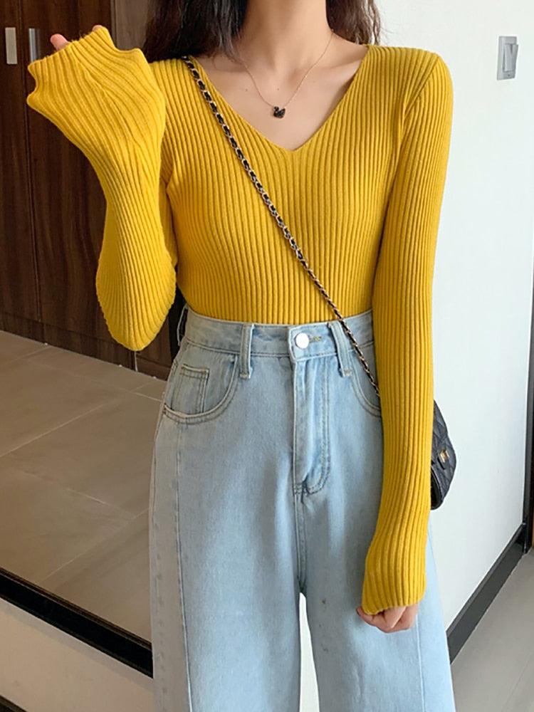 Pull-col rond-Basic B en tricot-pour femme Yellow One Size