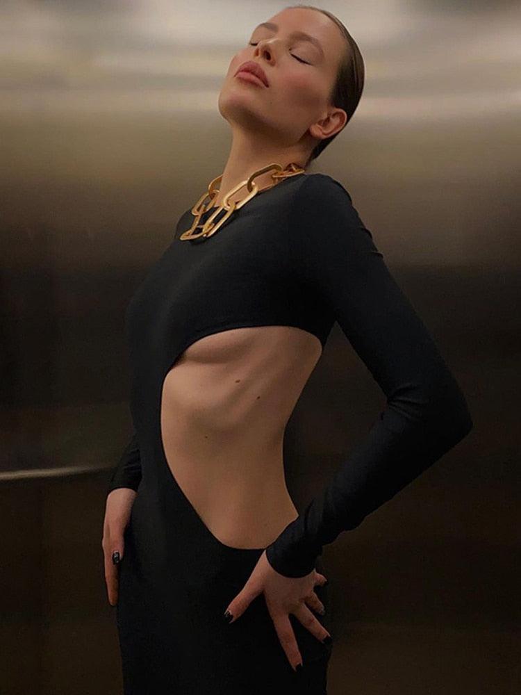 Robe Longue Sexy Noire avec Découpes pour Femme - Collection Printemps 2022