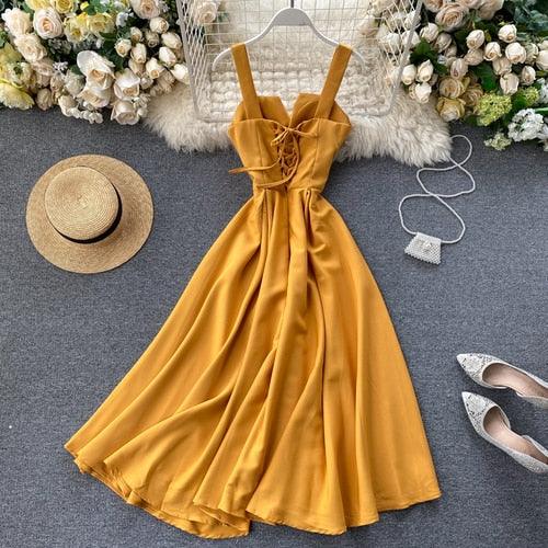 Robe d'été rouge décolleté en V dos nu sexy 2022 pour femme Yellow
