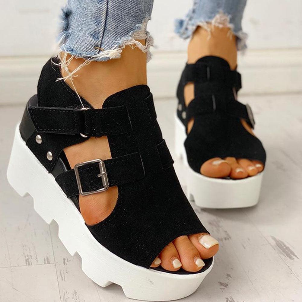 Sandales d'été à talon compensé pour femme Black