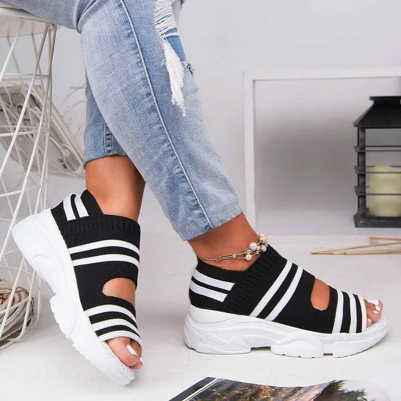 Sandales d'été pour femme, talons compensés et plateforme, chaussures légères, grandes tailles - AOMshop Black