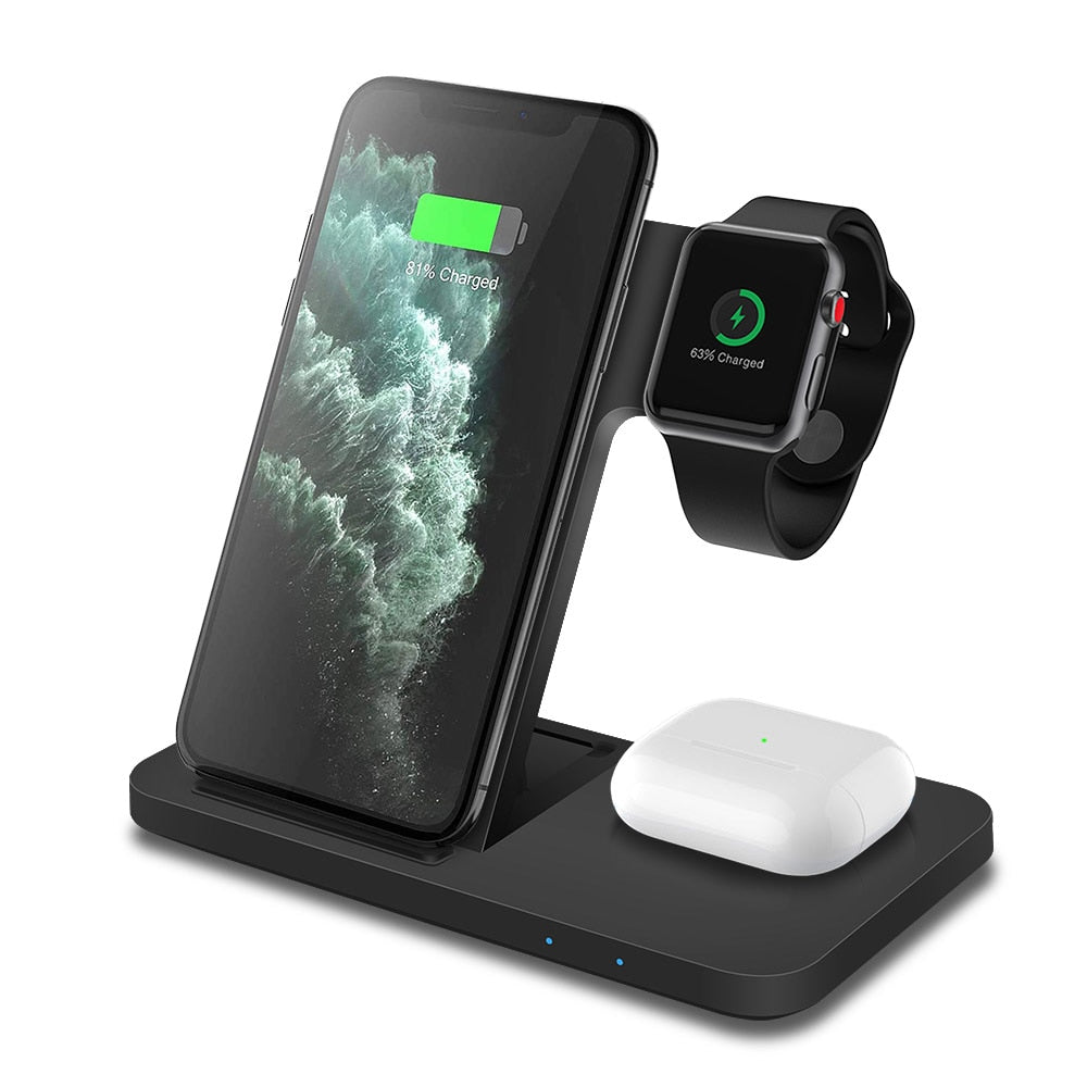 Station de recharge sans fil 3 en 1 15W pour iPhone 14, 13, 12, 11 Pro Max, XS, XR, X, 8, Apple Watch, AirPods 3 Pro Type 02 Black