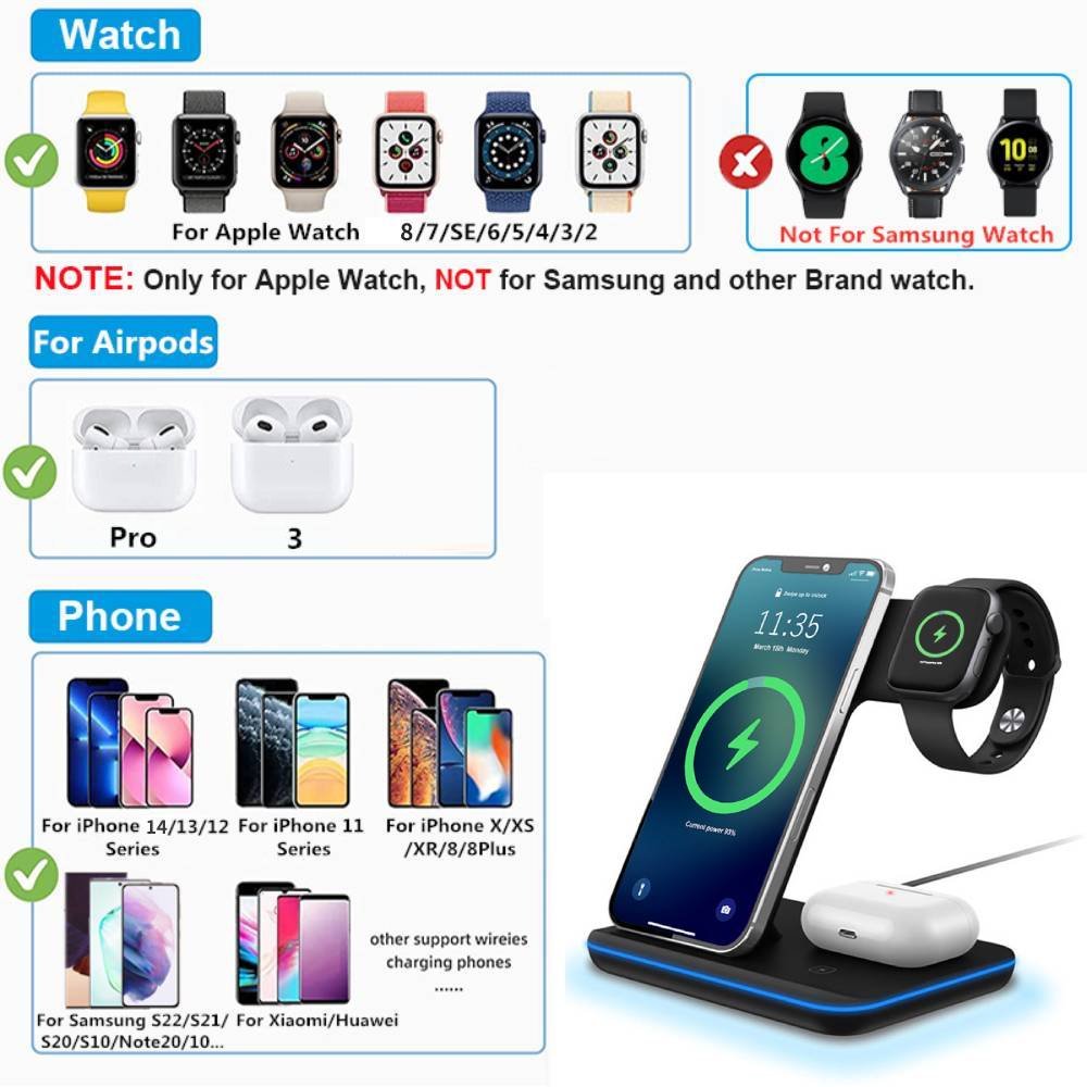 Station de recharge sans fil 3 en 1 15W pour iPhone 14, 13, 12, 11 Pro Max, XS, XR, X, 8, Apple Watch, AirPods 3 Pro