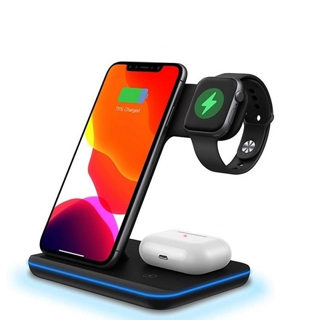 Station de recharge sans fil 3 en 1 15W pour iPhone 14, 13, 12, 11 Pro Max, XS, XR, X, 8, Apple Watch, AirPods 3 Pro Type 01 Black