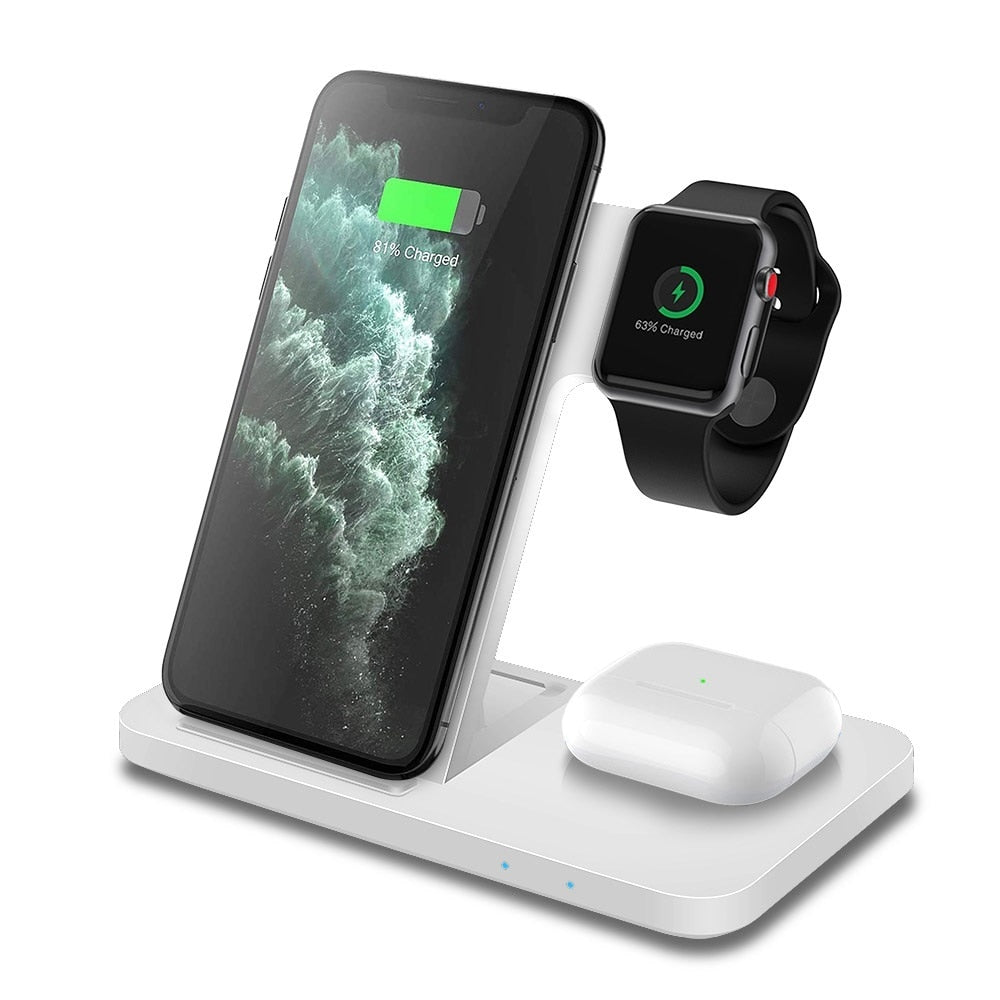 Station de recharge sans fil 3 en 1 15W pour iPhone 14, 13, 12, 11 Pro Max, XS, XR, X, 8, Apple Watch, AirPods 3 Pro Type 02 White
