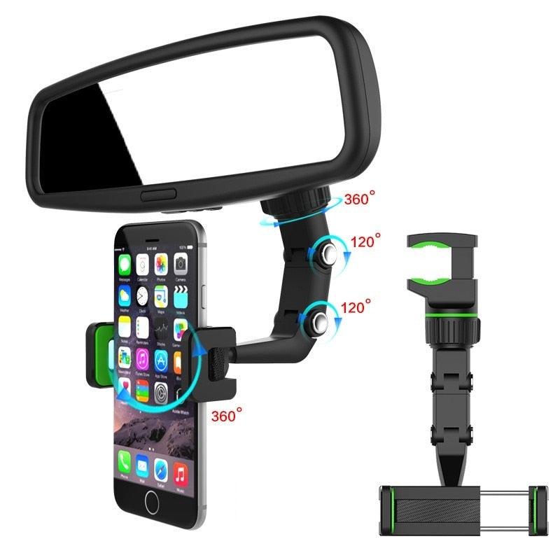"Support de téléphone pour voiture - Fixation sur rétroviseur avec rotation à 360 degrés"