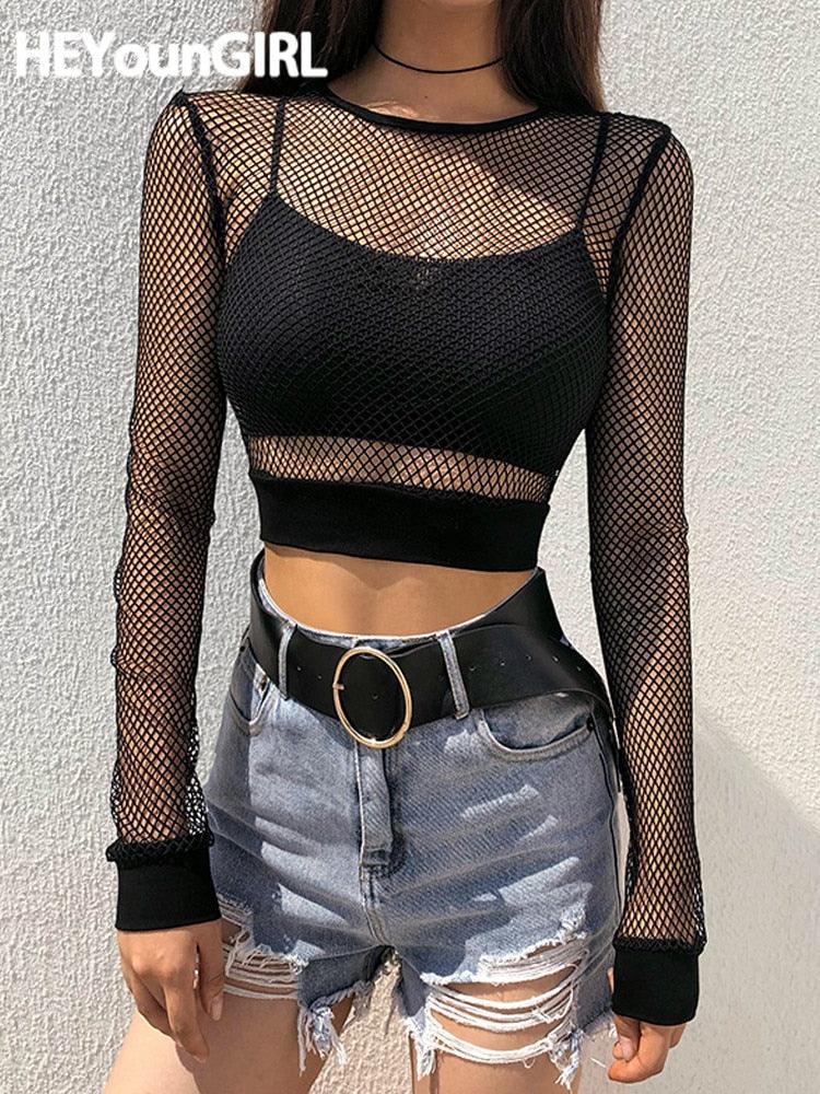 "T-shirt Femme Sexy en Maille Noir - Haut Court avec Manches Longues Transparentes"
