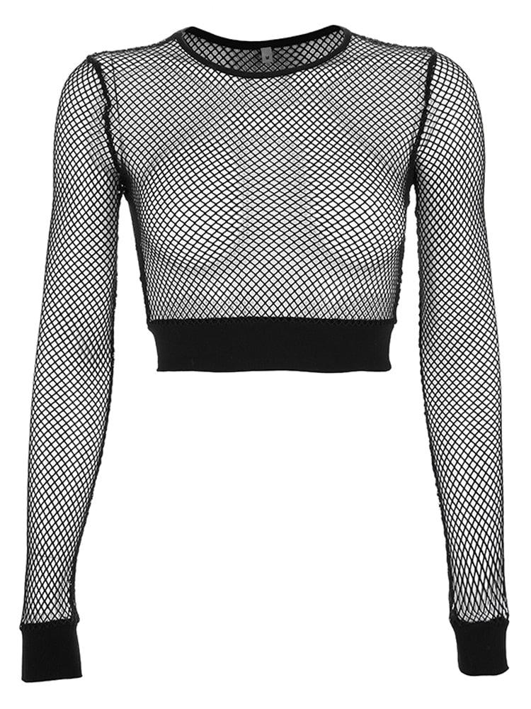"T-shirt Femme Sexy en Maille Noir - Haut Court avec Manches Longues Transparentes"
