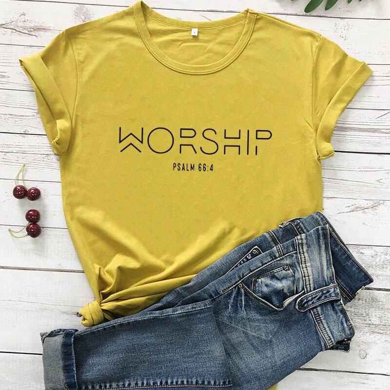 T-shirt chrétien 'Worship Funny', 100% coton pour homme et femme mustard-black text China
