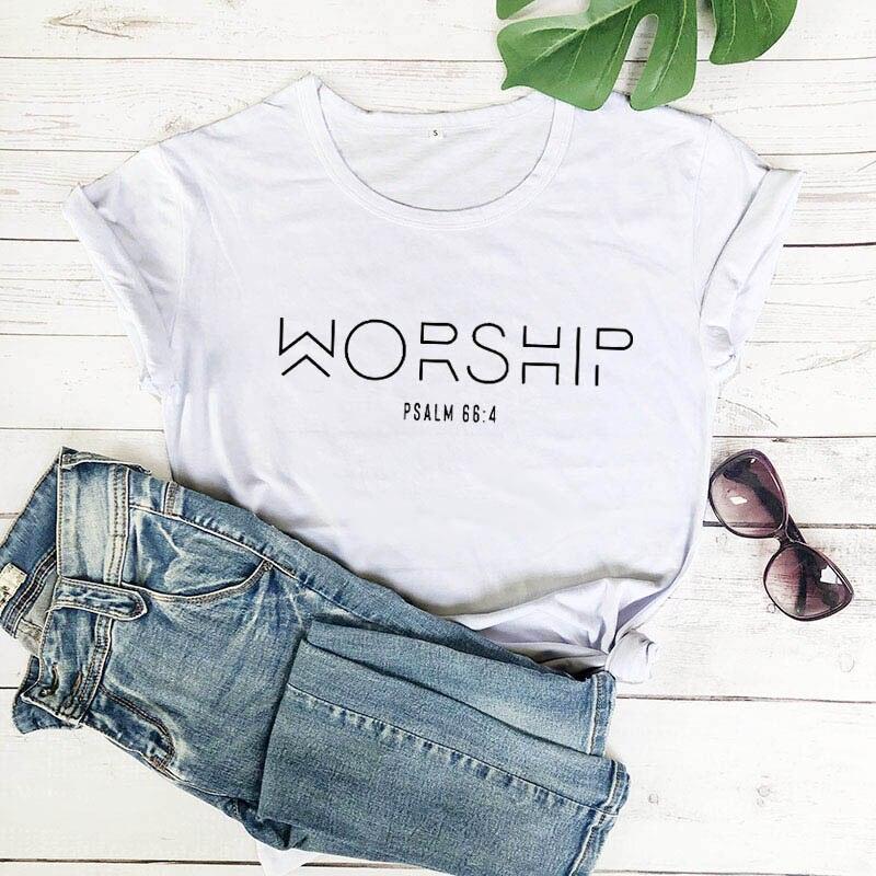 T-shirt chrétien 'Worship Funny', 100% coton pour homme et femme white-black text China