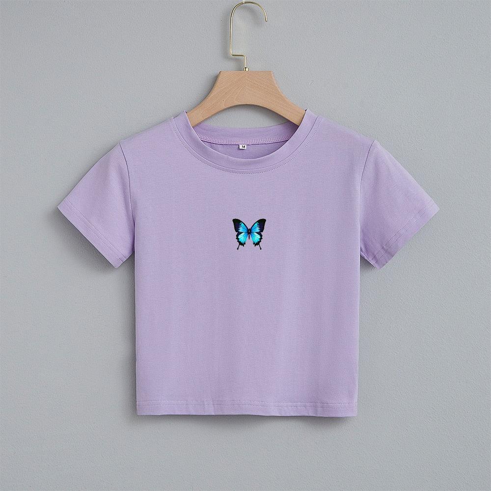 T-shirt court imprimé papillon bleu Fashion Cartoon Purple