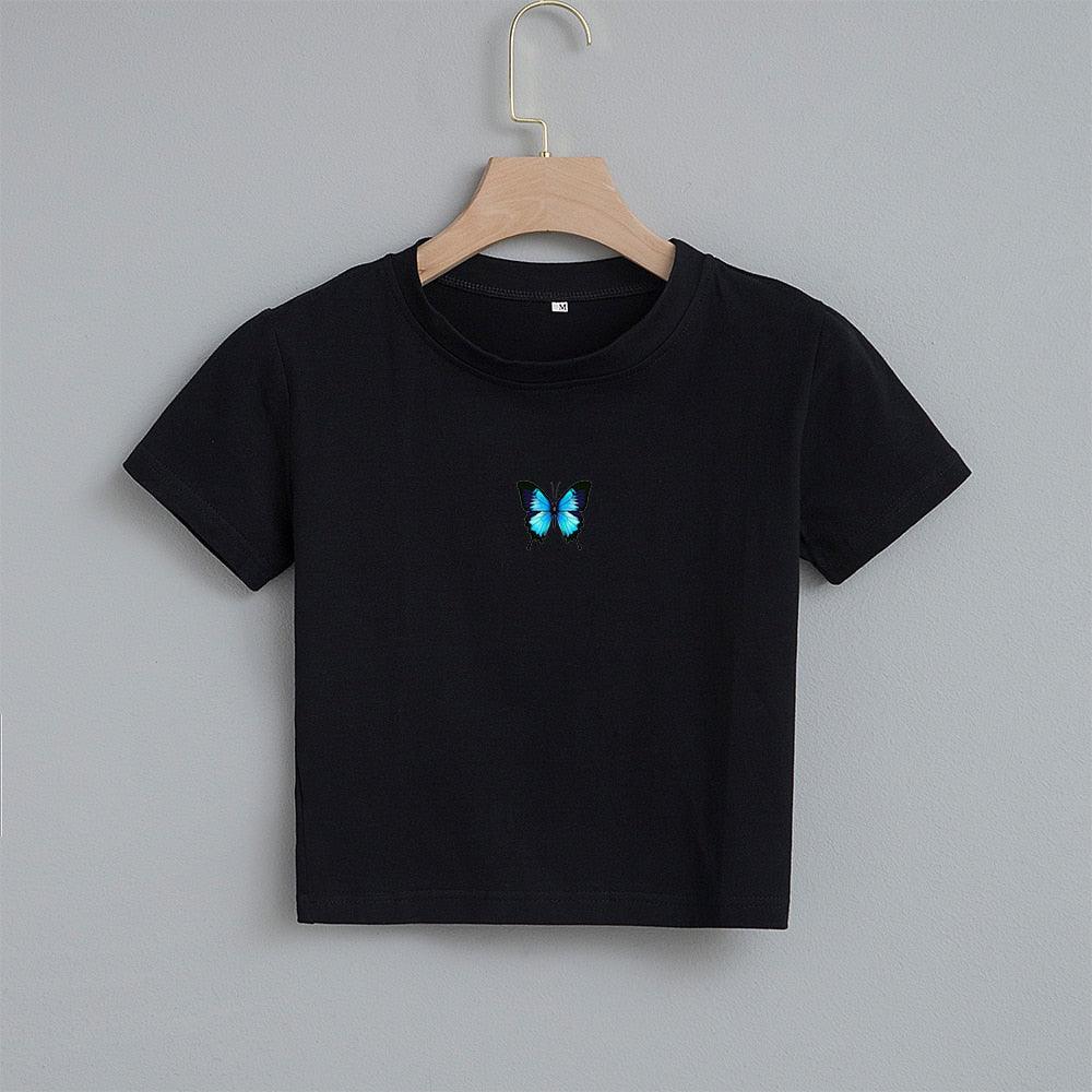 T-shirt court imprimé papillon bleu Fashion Cartoon Black