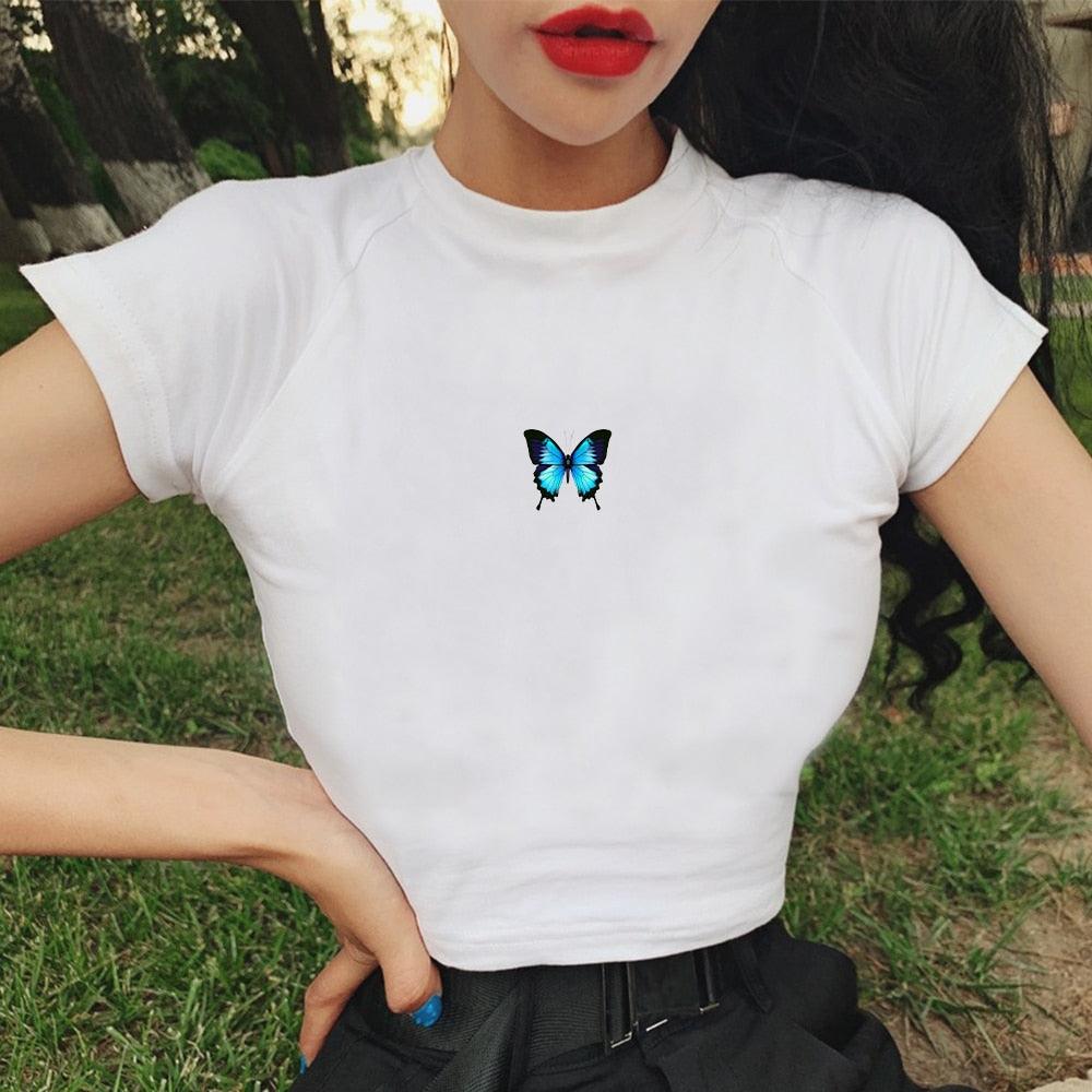 T-shirt court imprimé papillon bleu Fashion Cartoon