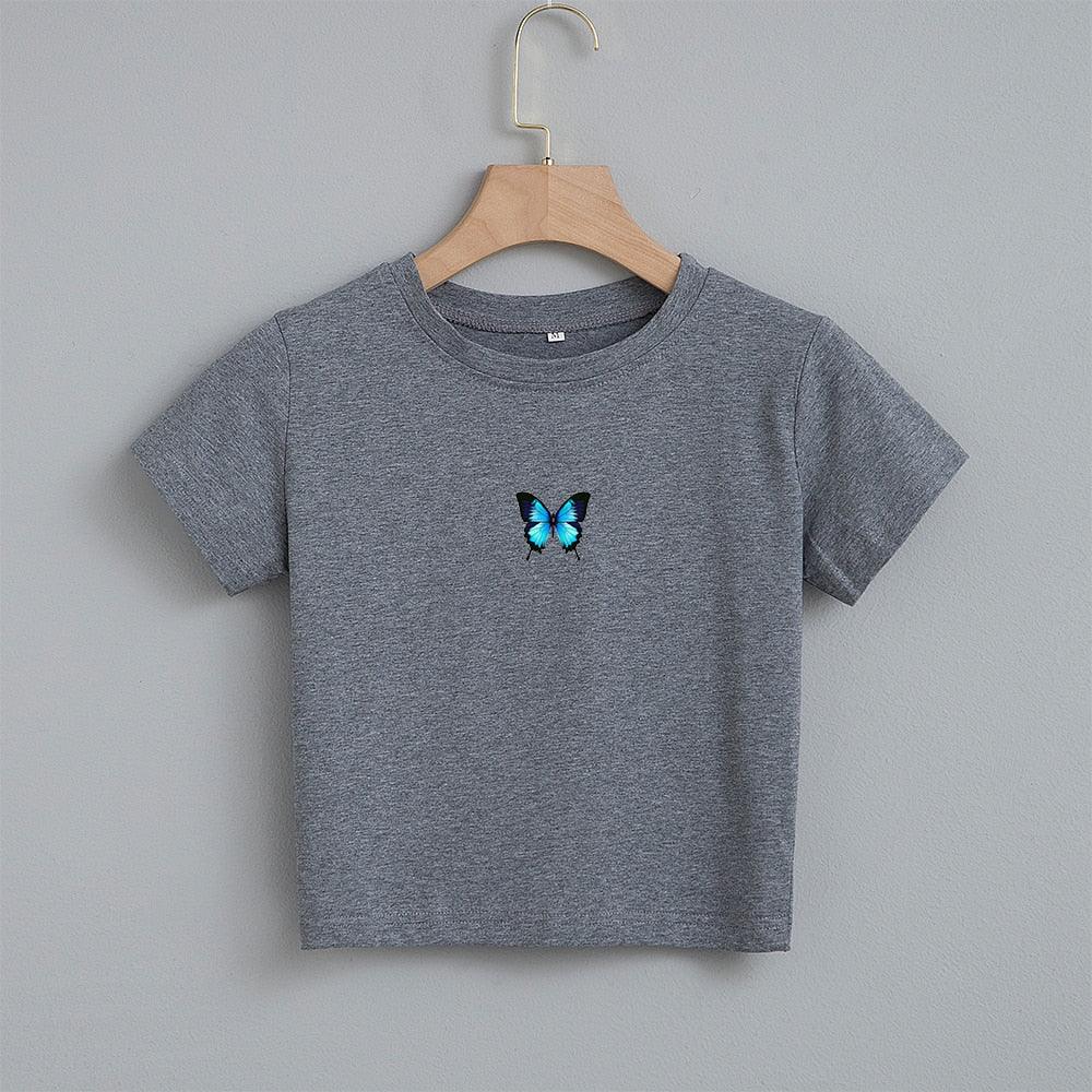 T-shirt court imprimé papillon bleu Fashion Cartoon Gray
