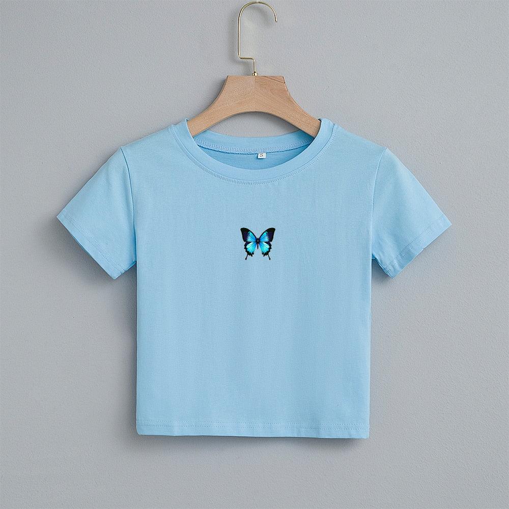 T-shirt court imprimé papillon bleu Fashion Cartoon Blue