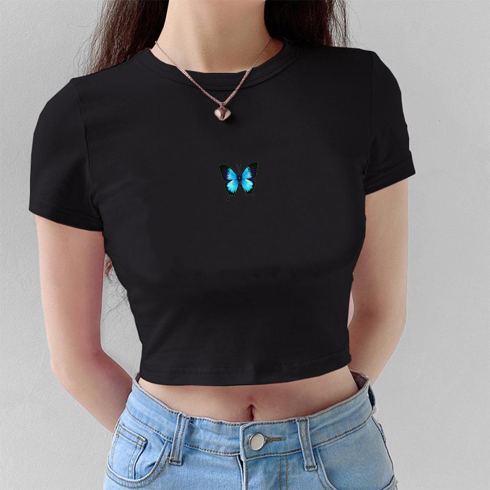 T-shirt court imprimé papillon bleu Fashion Cartoon