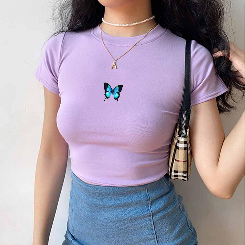 T-shirt court imprimé papillon bleu Fashion Cartoon