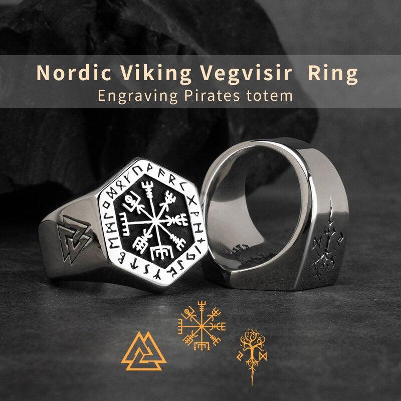 Vegvisir Stainless Steel Rings pour Homme - Bijoux de Mode Viking avec Rune Nordique