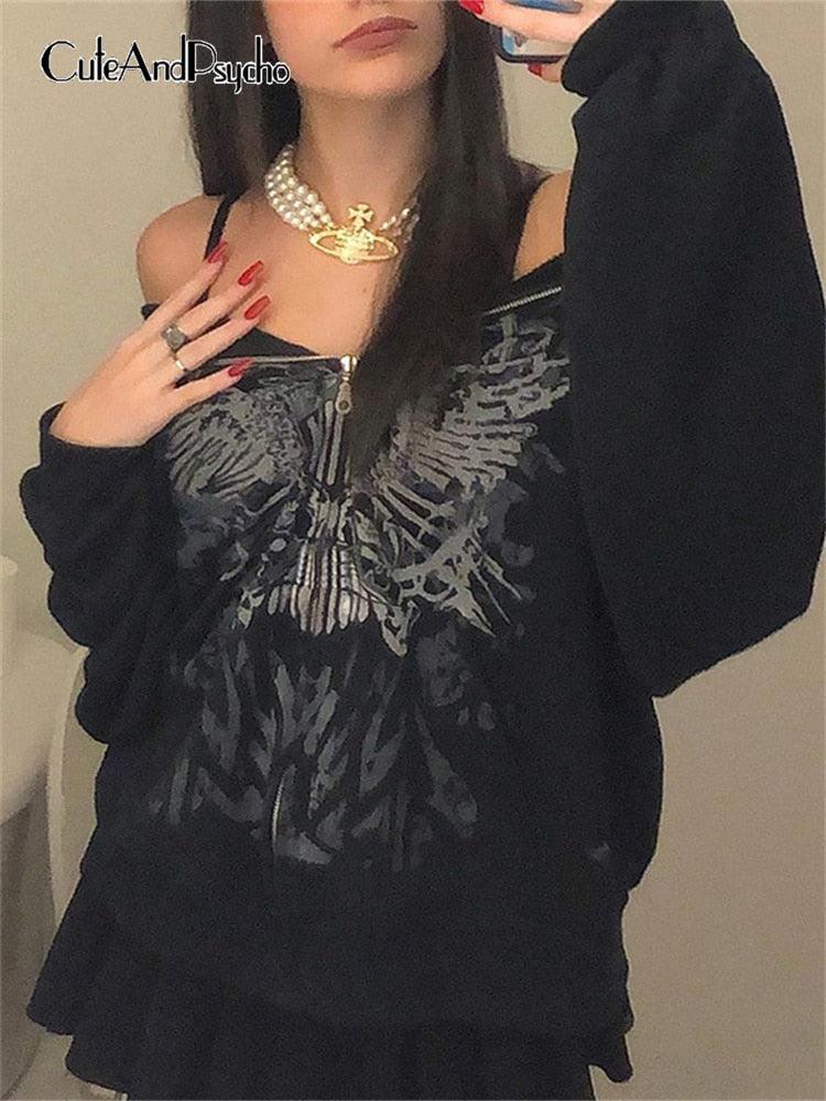 "Veste à capuche Butterfly Print Grunge pour femme - Style Fairycore" Black