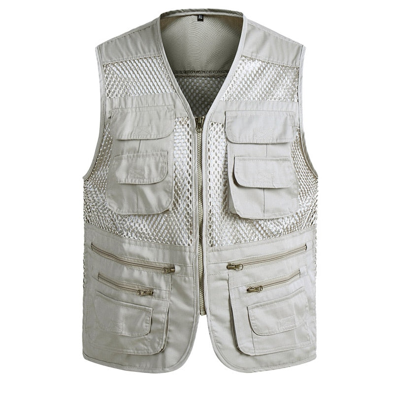 "Veste de travail pour homme, Gilet tactique en maille solide, Multi-poches, 2021" Beige mesh vest