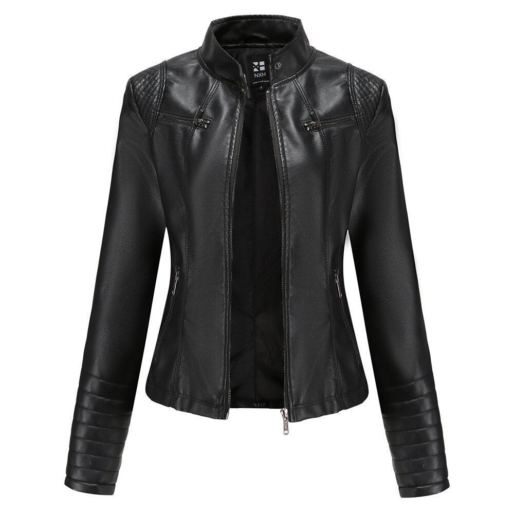Veste en cuir femme printemps-automne Black