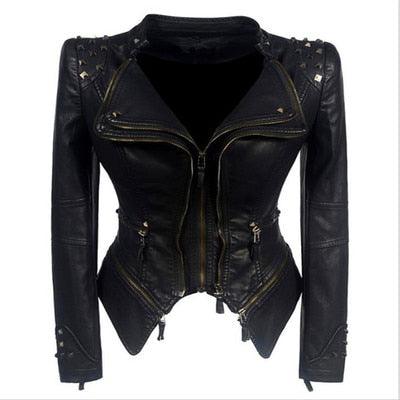 "Veste en cuir synthétique pour femmes à manches longues - Mode moto automne-hiver 2019" Black