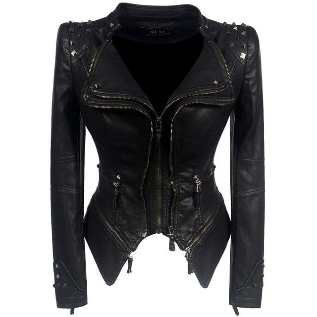 "Veste en cuir synthétique pour femmes à manches longues - Mode moto automne-hiver 2019"