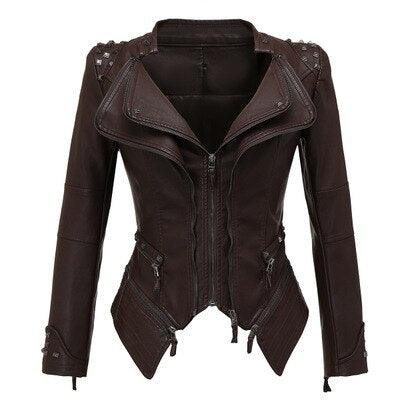 "Veste en cuir synthétique pour femmes à manches longues - Mode moto automne-hiver 2019" Coffee