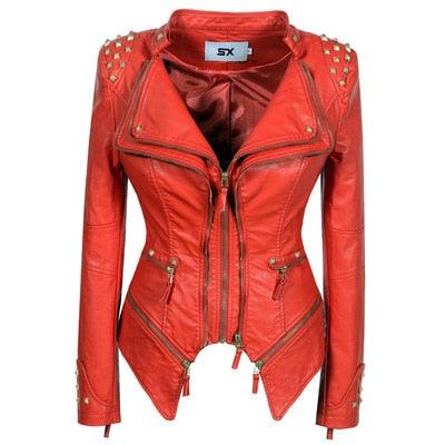 "Veste en cuir synthétique pour femmes à manches longues - Mode moto automne-hiver 2019" Red