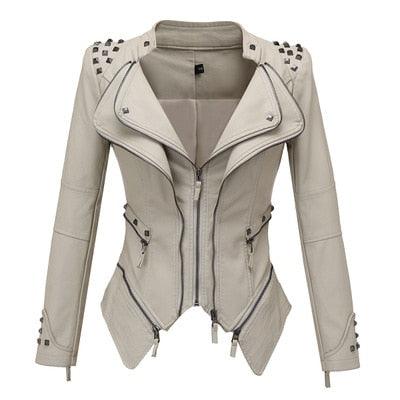 "Veste en cuir synthétique pour femmes à manches longues - Mode moto automne-hiver 2019" Beige