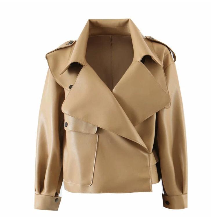 Veste en simili-cuir pour femmes, style motard vintage, automne punk streetwear Khaki