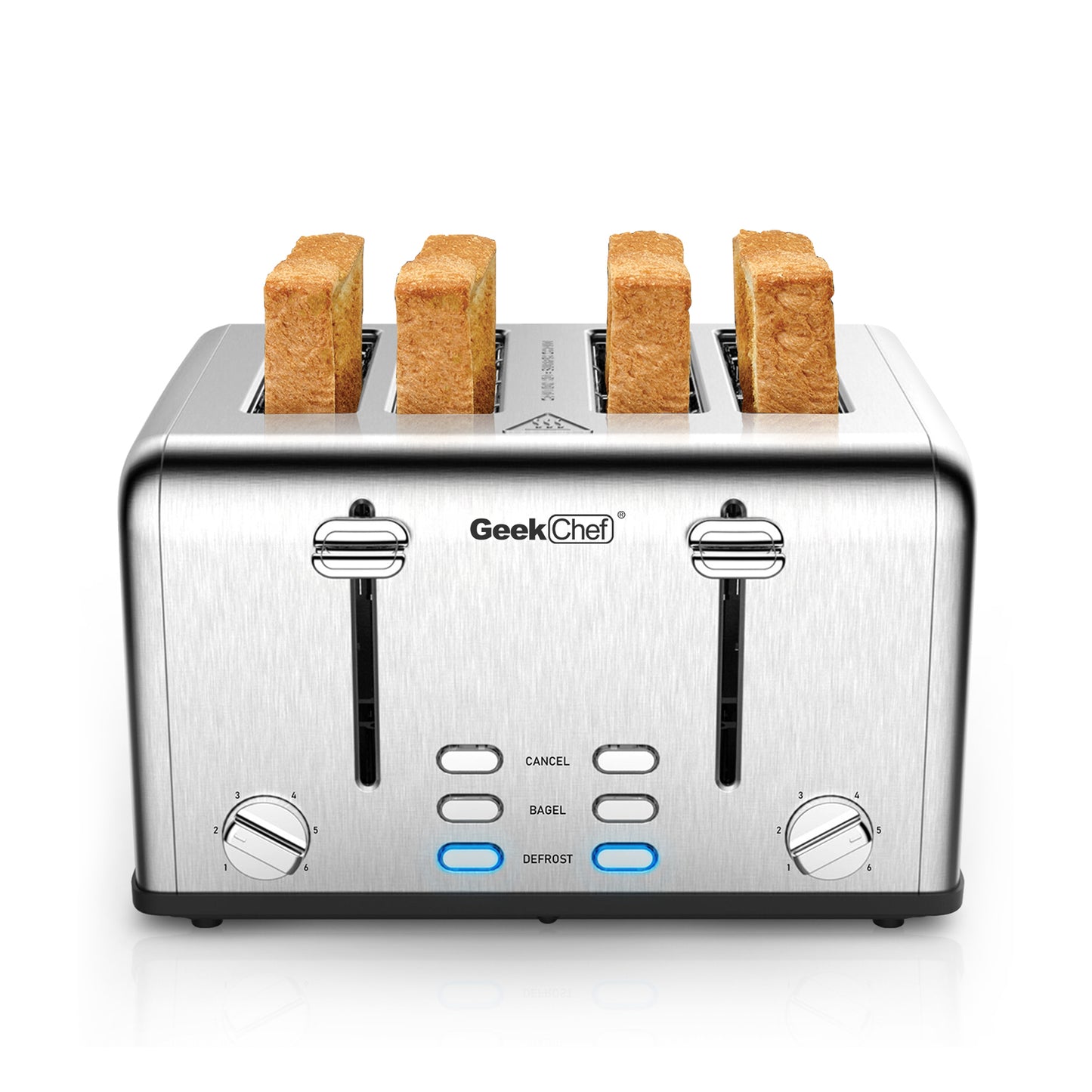 Achetez le Toaster 4 Slice Geek Chef en Acier Inoxydable avec Fonction Bagel, Décongélation et Annulation sur AOMshop