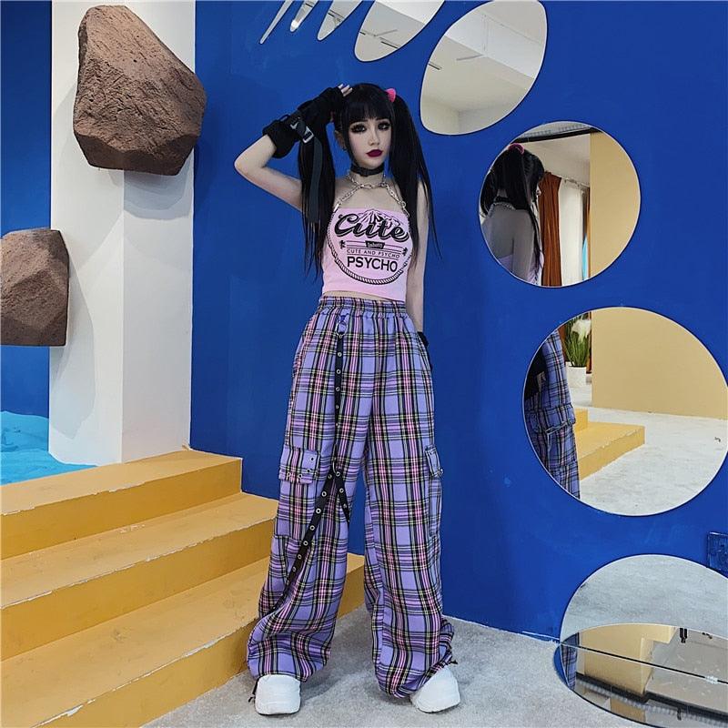 pantalons QWEEK Punk Harajuku Checkered pour femmes.