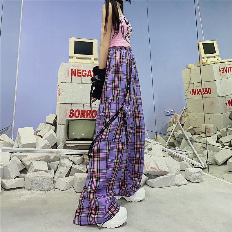 pantalons QWEEK Punk Harajuku Checkered pour femmes.