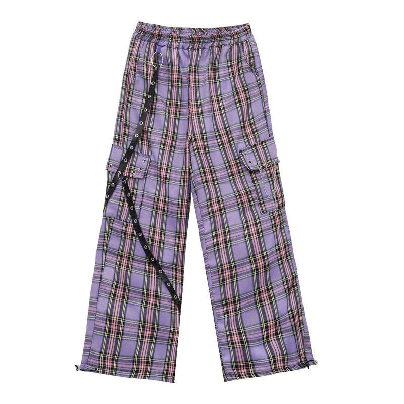 pantalons QWEEK Punk Harajuku Checkered pour femmes. Purple